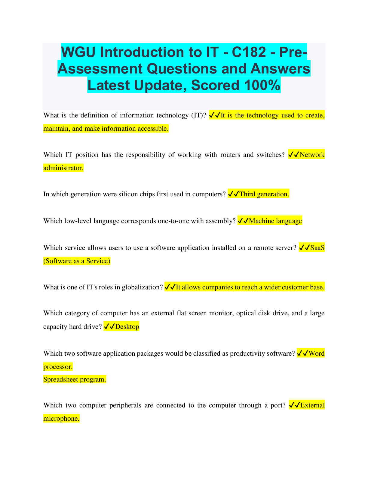 WGU Introduction to IT C182 PreAssessment Questions and Answers